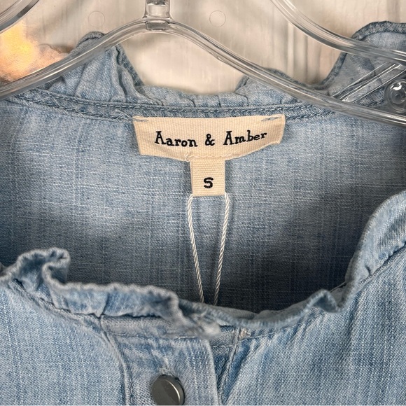 Aaron & Amber Chambray Ruffle Lace Button Front Shirt Sz S Puff Sleeves - Picture 15 of 16